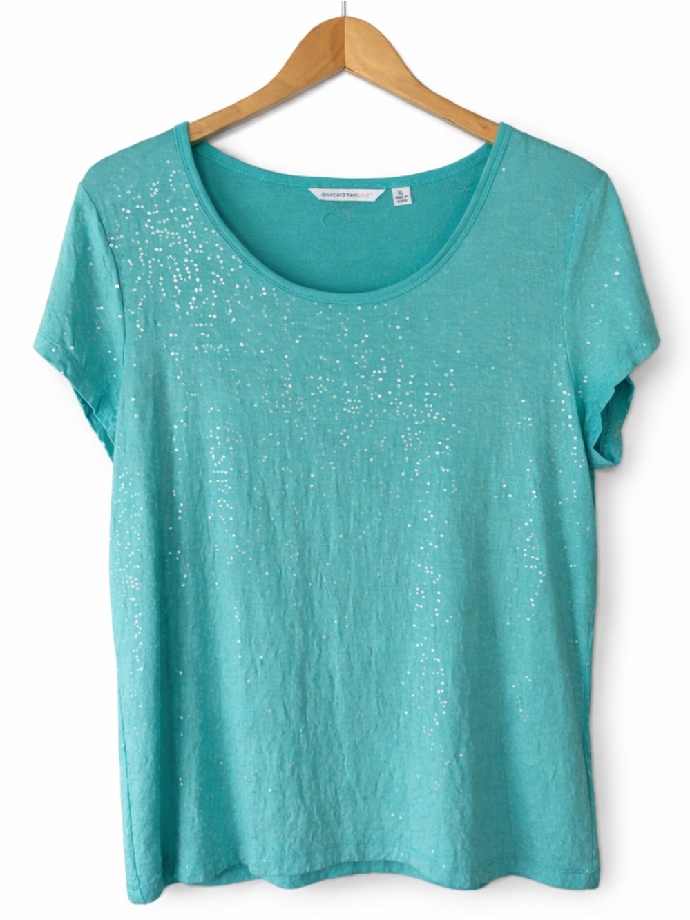 Isaac Mizrahi Live Teal Sequin Top XL Sparkle Short Sleeve Casual Tee